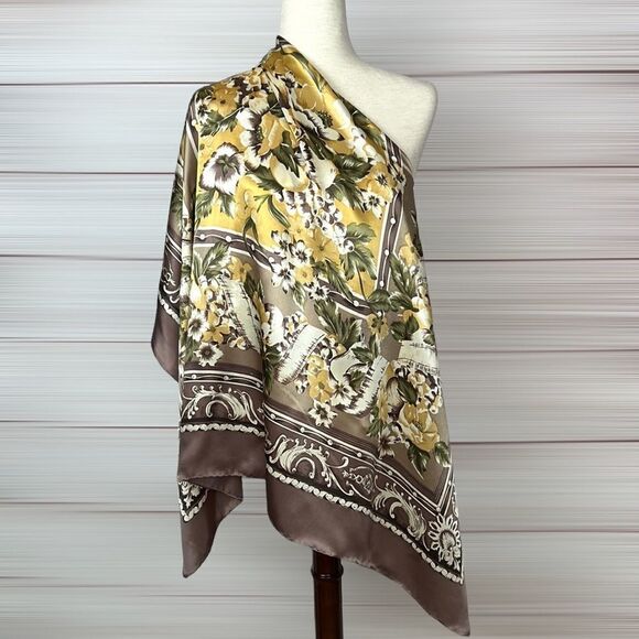 Vintage CHUN HUA Large Silk Floral Square Scarf Shawl Coffee Tan Light Olive - Picture 1 of 12